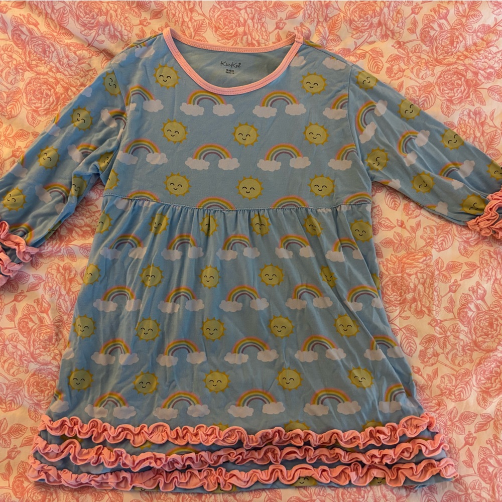 Kickee Pants Blue Dress with Rainbow and Cloud Print